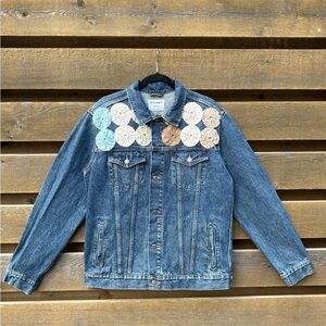 Upcycled denim and yoyo quilt jacket sz large tall